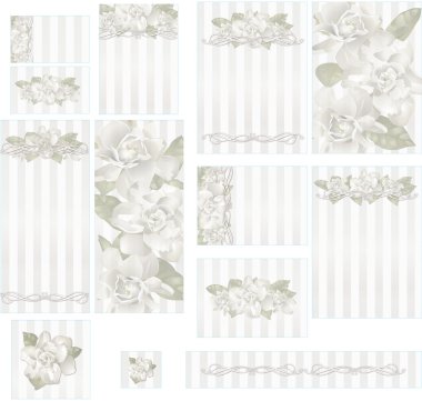 Gardenia florals on ecru jacquard satin texture wedding invitation set1 clipart