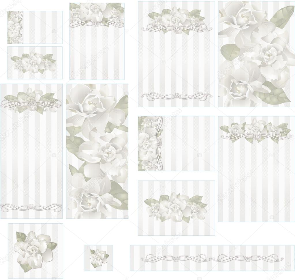 Gardenia florals on ecru jacquard satin texture wedding invitation set1