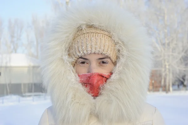 The girl in a fur coat has frozen in the winter.