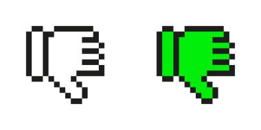 Pixelated Thumbs Down Icon Set. Olumsuz geribildirim ve Onaylanmamış Sembol Koleksiyonu. Retro Style. İzole Vektör İllüstrasyonu.