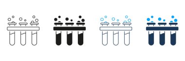 Kabarcık çizgili test tüpleri ve katı simge seti. Laboratuvar Deneyleri ve Kimyasal Reaksiyon Sembol Koleksiyonu. Bilimsel Araştırma ve Analiz Aletleri. İzole Vektör İllüstrasyonu.