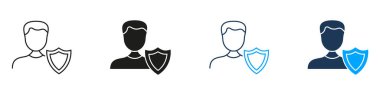 Kalkan Hattı ve Katı Simge Ayarlı Kişiler. Güvenlik, Koruma ve Gizlilik Güvencesi Sembol Koleksiyonu. Siber Güvenlik ve Veri Güvenliği Temsilcisi. İzole Vektör İllüstrasyonu.