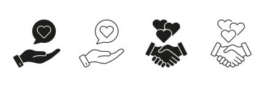 Hand With Heart And Handshake Line And Solid Icon Set. Compassion, Support, And Partnership Symbol Collection. Care, Trust, And Collaboration. Isolated Vector Illustration.