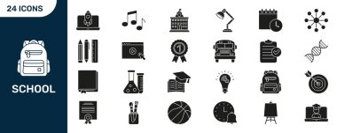 School And Education Silhouette Icon Set. Academic Tools, Learning, And Knowledge Symbol Collection. Includes Backpack, School Bus, Diploma, And More. Isolated Vector Illustration.