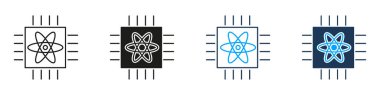 Atom Bilimi Kavram Hattı ve Katı Simge Kümesi ile Teknoloji Mikroçipi. İşlemci Donanım İcat Dijital Elektronik Kuantum Sembol Koleksiyonu. İzole Vektör İllüstrasyonu.