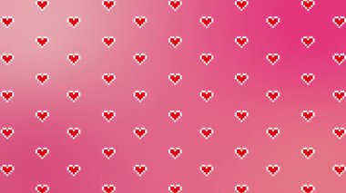 Yumuşak pembe gradyan arkaplanda piksel kalpler. Pikselleştirilmiş romantik ve şirin soyut retro animasyon Sevgililer Günü için mükemmel, aşk temaları, tebrik kartları, kutlamalar. Kusursuz döngü animasyonu 4k.