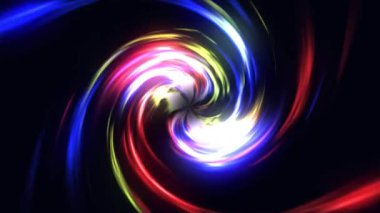 Kırmızı, mavi, sarı ışık yollarıyla kıvrılan renkli parlayan girdap. Sıvı enerji akışına sahip soyut gradyan spiral tünel ve gelecekteki arka planlar için dinamik rotasyon, bilim kurgu hareketi.