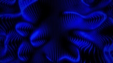 Mavi neon dalga animasyonu, koyu arkaplanda akan hareketli soyut kıvrımlı çizgiler. Parlak hatları olan gelecekçi dijital yüzey. Kusursuz döngü animasyonu 4k.