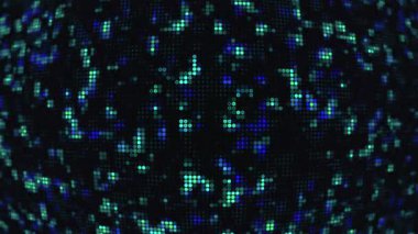 Dijital pikseller titreşiyor ve kavisli ızgara yüzeyi boyunca uzanıyor. Parlak veri hareketi ve teknoloji, bilim kurgu görselleri ve hareket tasarımı için siber enerji akışına sahip soyut fütüristik arka plan. Kusursuz döngü 4k.