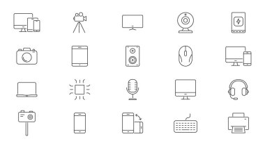 Elektronik ve Gadget Satır Simgesi Ayarlandı. Teknoloji aletleri ve aksesuarlar Sembol Koleksiyonunu özetliyor. Bilgisayarlar, kameralar, akıllı telefonlar ve ses ekipmanları. Düzenlenebilir Vuruş. İzole Vektör İllüstrasyonu