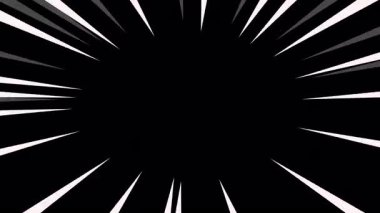 Siyah ve beyaz animasyon hız çizgileri merkeze doğru yaklaşıyor, dinamik aksiyon arka planı. Hızlı enerji patlaması ile radikal komedi tarzı hareket efekti, manga animasyonu için mükemmel, kahraman sahneleri. Kusursuz döngü 4k.
