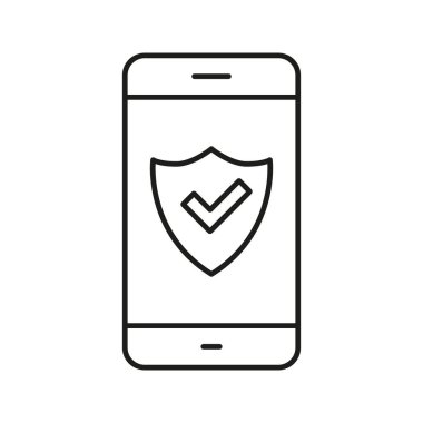 Shield ve Checkmark Line Icon ile akıllı telefon. Mobil güvenlik, veri koruma ve gizlilik sigortası ana hatları. Siber Güvenlik Konsepti. Düzenlenebilir Vuruş. İzole Vektör İllüstrasyonu.