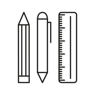 Kalem, Kalem ve Cetvel Çizgisi Simgesi. Yazmak, çizmek ve ana hatları ölçmek için kırtasiye araçları. Eğitim ve Ofis Malzemeleri. Düzenlenebilir Vuruş. İzole Vektör İllüstrasyonu.