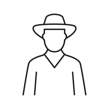 Şapka Çizgisi Simgesi Olan Çiftçi. Tarım işçisi, kırsal yaşam tarzı, ve tarım mesleği ana hatları sembolü. Geleneksel Tarım Kıyafeti. Düzenlenebilir Vuruş. İzole Vektör İllüstrasyonu.