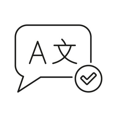 Dil Çeviri Onayı Simgesi. Çok dilli İletişim ve Doğrulama Ana Hattı Sembolü. İşaretli Konuşma Balonu. Düzenlenebilir Vuruş. İzole Vektör İllüstrasyonu.