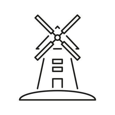 Windmill Hattı Simgesi. Yenilenebilir Enerji ve sürdürülebilir Tarım Ana Hattı Sembolü. Çevre dostu güç üretimi ve geleneksel çiftçilik. Düzenlenebilir Vuruş. İzole Vektör İllüstrasyonu.