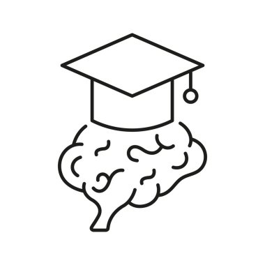 Mezuniyet Şapkası Simgesi Beyni. Eğitim, Bilgi ve Entelektüel Gelişim Ana Hattı Sembolü. Akademik Başarı ve Öğrenme Konsepti. Düzenlenebilir Vuruş. İzole Vektör İllüstrasyonu.