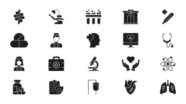 Tıbbi ve Sağlık Servisi Katı Simge Seti. Hastane, Tıp ve Sağlık Bölümü Siluet Sembol Koleksiyonu. Doktor, hemşire, kalp, akciğerler ve tıbbi ekipmanlar dahil. İzole Vektör İllüstrasyonu