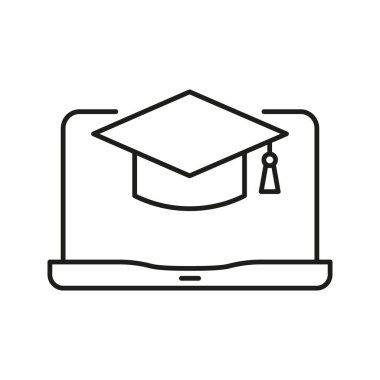 Mezuniyet kapağı dizüstü bilgisayar hattı simgesi. Çevrimiçi Eğitim, E-Öğrenme ve Sanal Mezuniyet Ana Hattı Sembolü. Dijital Öğrenme ve Uzaktan Çalışma Konsepti. Düzenlenebilir Vuruş. İzole Vektör İllüstrasyonu.