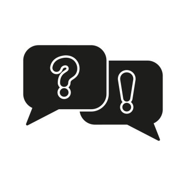 Soru ve ünlem içeren konuşma baloncukları Katı Simge 'yi işaret eder. İletişim, Soruşturma ve Siluet Sembolü. Diyalog ve Etkileşim Sunumu. İzole Vektör İllüstrasyonu.