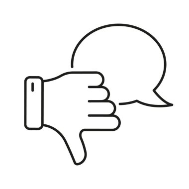 Konuşma baloncuğu çizgisi simgesi ile başparmaklar aşağı. Olumsuz geribildirim, tasvip etmeme ve eleştiri ana hatları sembolü. İletişim ve Fikir İfadesi. Düzenlenebilir Vuruş. İzole Vektör İllüstrasyonu.