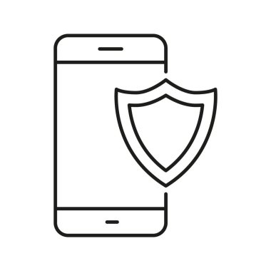 Kalkan Hattı Simgesi olan akıllı telefon. Mobil güvenlik, veri koruma ve gizlilik sigortası ana hatları. Siber güvenlik önlemleri. Düzenlenebilir Vuruş. İzole Vektör İllüstrasyonu.
