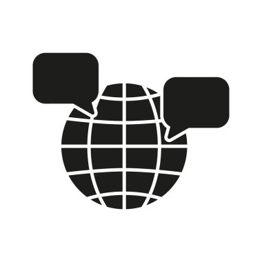 Konuşma Baloncuklu Dünya Katı Simge. Küresel İletişim, Uluslararası Diyalog ve Çok Dilli Etkileşim Silüeti Sembolü. Dünya Ağı. İzole Vektör İllüstrasyonu.