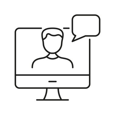 Videodaki adam hat simgesini ara. Sanal Toplantı ve Çevrimiçi Sohbet Ana Hattı Sembolü. Uzaktan Çalışma, İletişim ve Dijital Etkileşim. Düzenlenebilir Vuruş. İzole Vektör İllüstrasyonu.