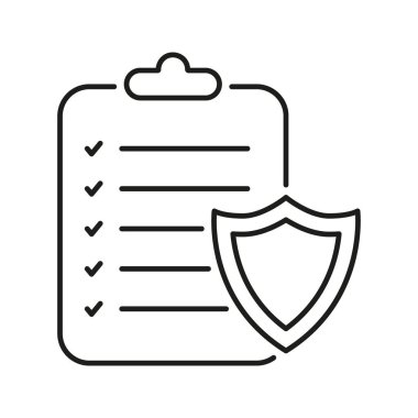 Kalkan Hattı Simgesi ile Kontrol Listesi. Güvenlik Uyumu ve Risk Yönetimi Ana Hattı Sembolü. Veri Koruma ve Güvenlik Güvenliği. Düzenlenebilir Vuruş. İzole Vektör İllüstrasyonu.