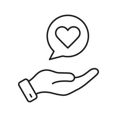 Konuşma Baloncuğu Çizgisi İkonunda El Veren Kalp. Bakım, Destek ve İletişim Sembolü. Aşkı, hayırseverliği ve duygusal bağlantıyı temsil eder. Düzenlenebilir Vuruş. İzole Vektör İllüstrasyonu.