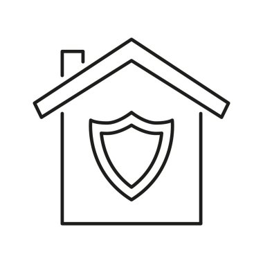 Kalkan Hattı Simgesi olan ev. Ev Güvenlik, Koruma ve Güvenlik Güvenliği Ana Hattı Sembolü. Yerleşim Güvenliği ve Risk Yönetimi. Düzenlenebilir Vuruş. İzole Vektör İllüstrasyonu.