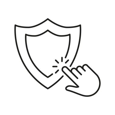 El Dokunuşu Kalkan Hattı Simgesi. Siber Güvenlik, Veri Koruma ve Güvenli Giriş Ana Hattı Sembolü. Güvenlik özellikleriyle kullanıcı etkileşimi. Düzenlenebilir Vuruş. İzole Vektör İllüstrasyonu.