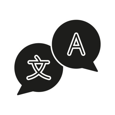 Dil Çevirisi Konuşma Baloncukları Katı Simge. Çok dilli İletişim ve Çeviri Hizmetleri Siluet Sembolü. Küresel Dil Değişimi ve Yorumu. İzole Vektör İllüstrasyonu.