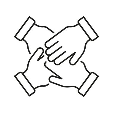 Dört El Çizgi Simgesini Birleştiriyor. Takım çalışması, İşbirliği ve Birlik Özeti Sembolü. Ortaklık ve İşbirliği Kavramı. Düzenlenebilir Vuruş. İzole Vektör İllüstrasyonu.