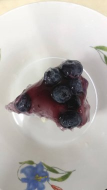 Blueberry topping cheesecake slice white plate with floral pattern, glossy fruit glaze and creamy texture, appetizing dessert presentation