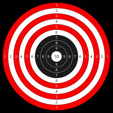 Red and white concentric target rings with numbered scoring zones and central bullseye radiating contrast and focus
