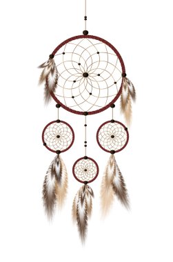 Dreamcatcher boncuk ve bej ve beyaz arka plan üzerinde izole kahverengi tüyleri ile