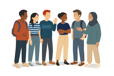 Vector illustration of a group of young adults, students or high school students, of different origins and ethnicities, talking to each other. Symbol of diversity and tolerance
