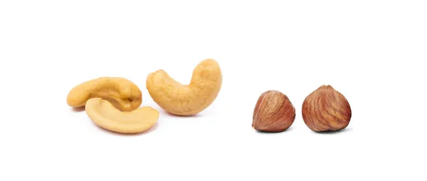 Gruppe Gesunder Haselnüsse Und Cashew Isoliert Auf Weißem Hintergrund — Stockfoto