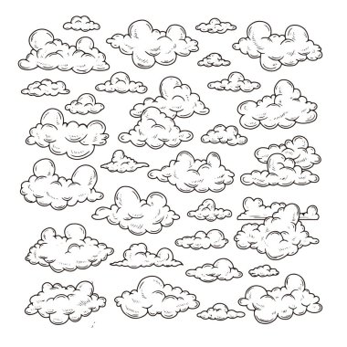 El Çizimi Bulut Vektör Kümesi, Çizgi Film Gökyüzü Çizimi Koleksiyonu