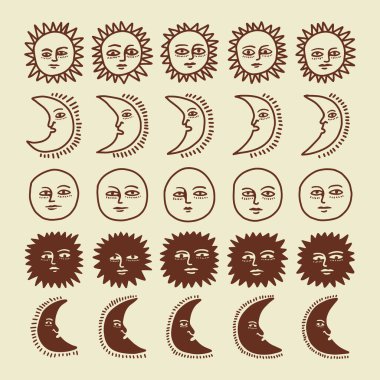 Güneş ve Ay, Doodle Vektör Seti, Göksel Çizgi Sanat Resimleri Klasik El Çizim Biçiminde