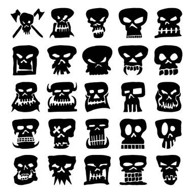  El Çizimi Kurukafa Siluet Vektör Seti, Doodle Korku Kafatası, Cadılar Bayramı ve Dövme Sanatı Simgeleri