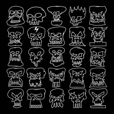 El Çizimi Kurukafa Siluet Vektör Seti, Doodle Korku Kafatası, Cadılar Bayramı ve Dövme Sanatı Simgeleri