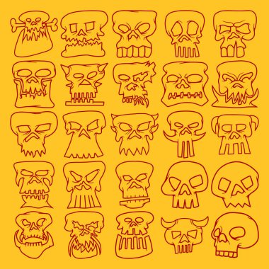 El Çizimi Kurukafa Siluet Vektör Seti, Doodle Korku Kafatası, Cadılar Bayramı ve Dövme Sanatı Simgeleri