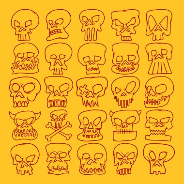 El Çizimi Kurukafa Siluet Vektör Seti, Doodle Korku Kafatası, Cadılar Bayramı ve Dövme Sanatı Simgeleri