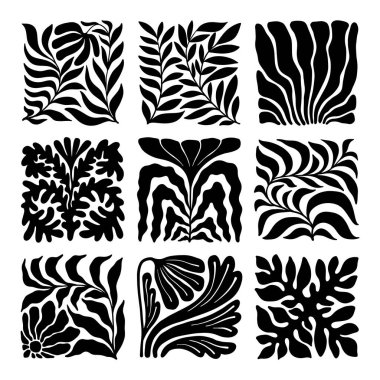 Soyut Botanik Kesme Kalıbı Vector Seti, Modern Duvar Sanatı için El Çizimi Çiçek Şekilleri