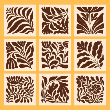 Soyut Botanik Kesme Kalıbı Vector Seti, Modern Duvar Sanatı için El Çizimi Çiçek Şekilleri