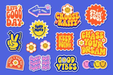 Retro Groovy Pozitif Tırnak Etiketi Paketi, Renkli Klasik Tipografi Çıkartmaları