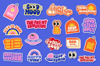 Retro Groovy Pozitif Tırnak Etiketi Paketi, Renkli Klasik Tipografi Çıkartmaları