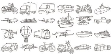 Transportation Line Art Set, Vehicles, Aircraft, Ships & Bikes Outline Icons